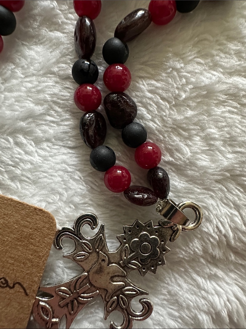 Dove Cross Necklace (garnet, red jade and black matte Tibetan gemstone)